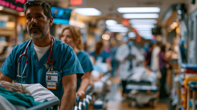 Busy hospital emergency corridor during declared public health surge, triage nurses wheeling patients on gurneys past overwhelmed registration desk, physicians reviewing tablet charts mid-stride, ov