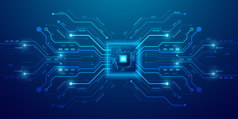 Artificial intelligence chip design with glowing circuit pathways and data connections on a deep blue background. © Nahin