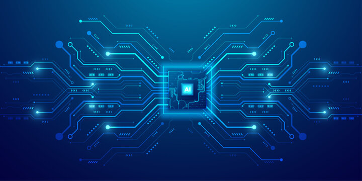Artificial intelligence chip design with glowing circuit pathways and data connections on a deep blue background.