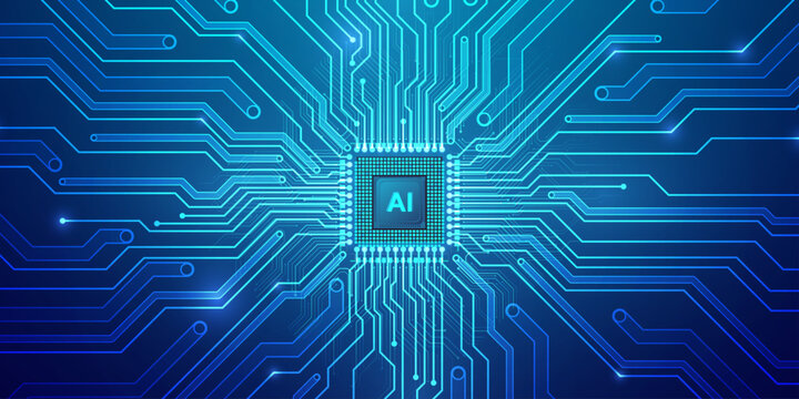 Digital ai processor module integrated into glowing high speed circuit network.
