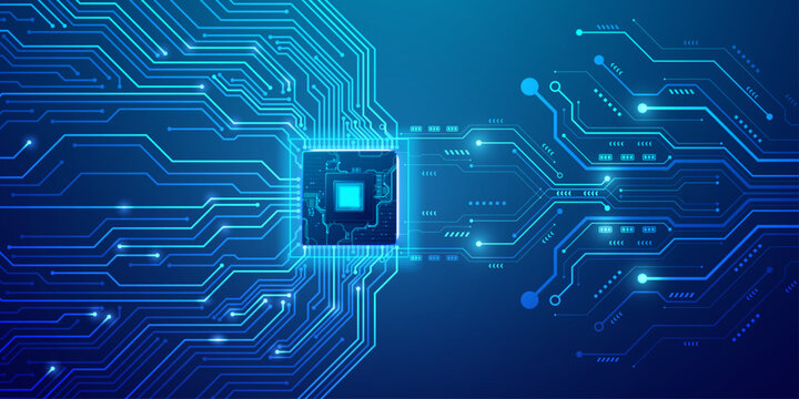 Electronic microchip processor linked to complex digital network pathways.