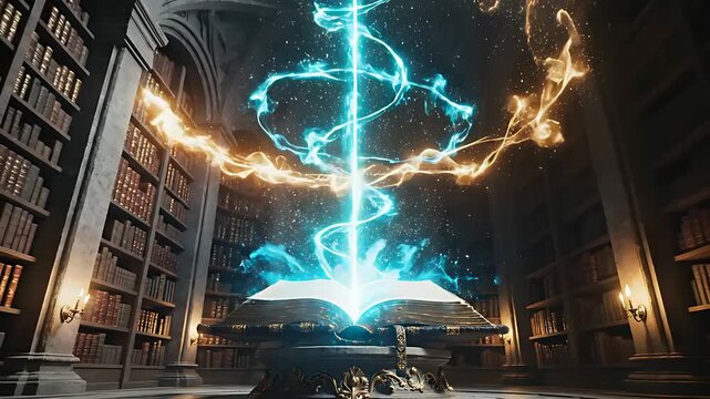 Magical book open on a pedestal emitting a powerful beam of light. Ethereal energy and sparks fill a dark library with old books. Fantasy sorcery and knowledge concept for storytelling media.