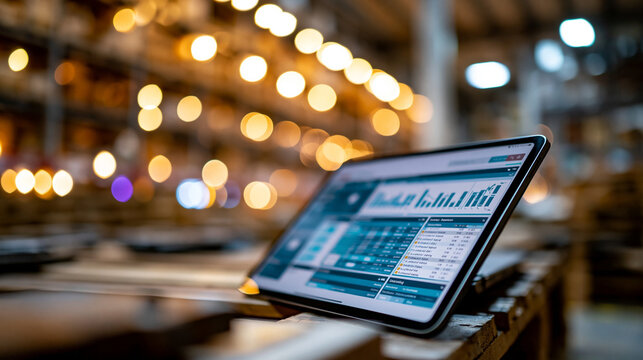Close-up of a digital tablet screen in a warehouse environment, showing inventory management data with no hands or people in frame, representing clean product imagery for software or app UI