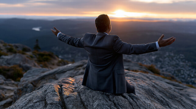 Lone executive in tailored suit reaching the rocky summit of a granite peak at sunrise, arms outstretched toward open horizon with valley towns visible far below, cloud layer at shoulder height, lea
