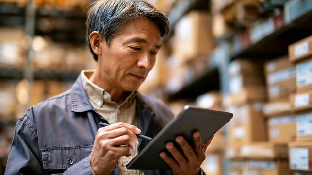 Asian male warehouse manager conducting a physical stocktake of products in cardboard boxes on shelves, using a digital tablet and stylus pen to record inventory counts and confirm stock