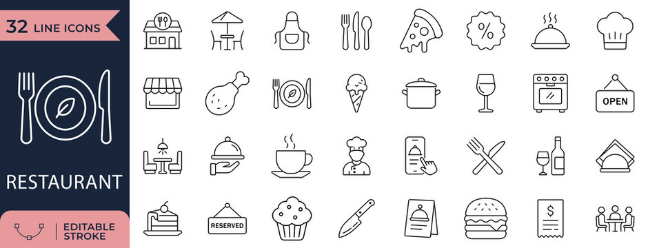 Restaurant line icon set. for Food service meal menu and Dining collection.