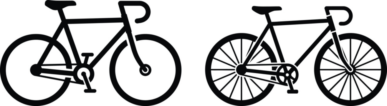 Two black silhouette bicycle illustrations road bike and classic design