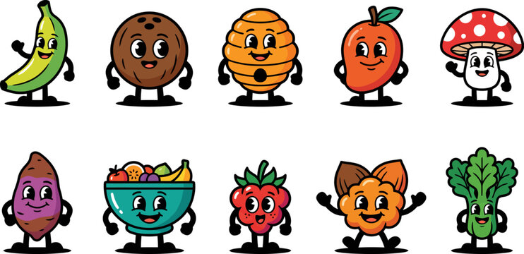 Cartoon fruits and vegetables with smiling faces and arms  various colorful characters