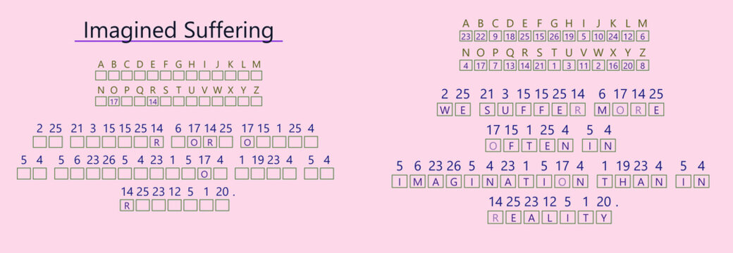 Text collage on imagined suffering and reality with a pink background