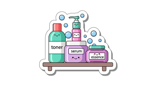 Cute cartoon skincare bottles and jars on a shelf