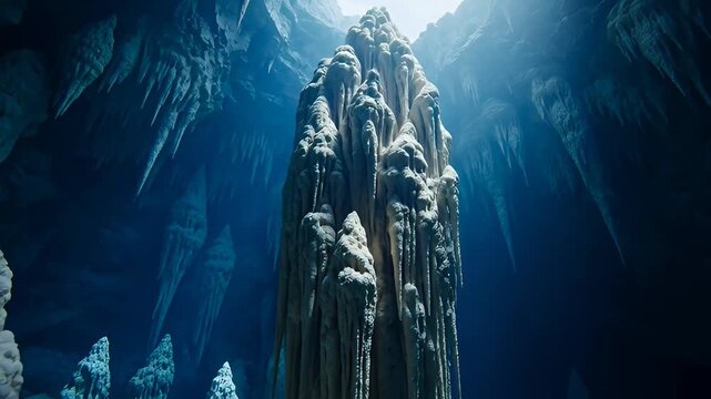Majestic stalagmite formation stands as a natural wonder within a colossal, dimly lit cavern, illuminated by ethereal blue light filtering from above.