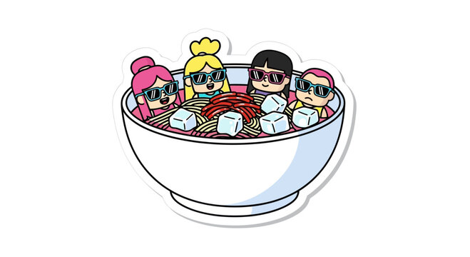 Cute cartoon characters relaxing in a bowl of hot soup