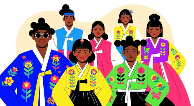Group of diverse people wearing colorful traditional hanbok