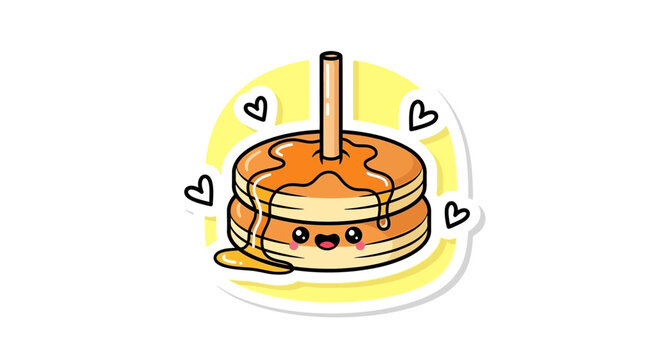 Cute cartoon pancake stack with syrup and hearts sticker