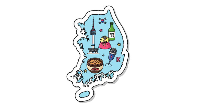South korea map illustration with famous cultural symbols