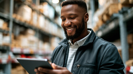 Fototapeta premium Front-view portrait of a male warehouse manager working on a digital tablet in a freight transportation and distribution center, surrounded by shelving and inventory, confident professional