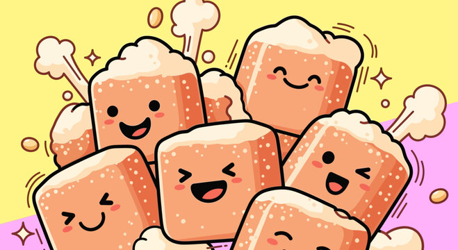 Cute happy fried chicken nuggets with steam