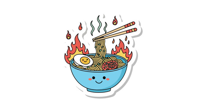 Cute spicy ramen noodle bowl cartoon sticker