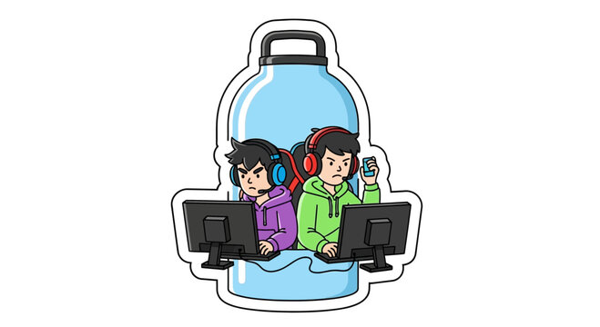 Two young gamers playing video games on computers