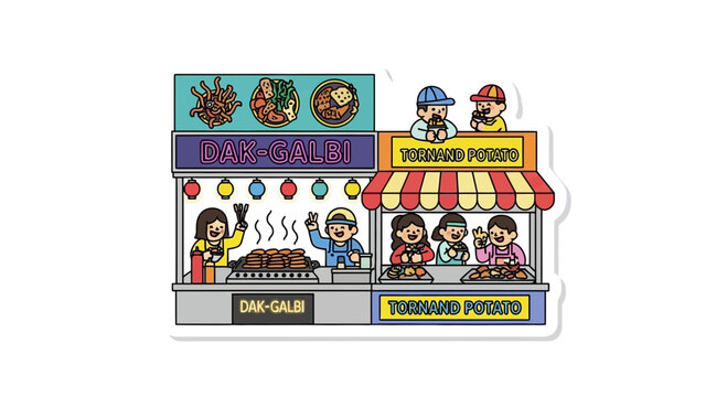 Cartoon street food stalls with people cooking and eating