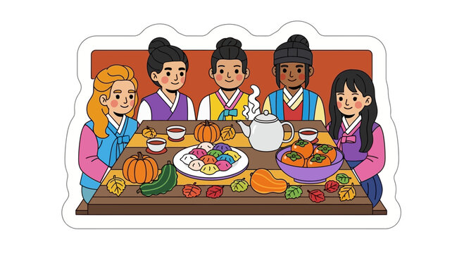 Diverse group of friends eating traditional korean food
