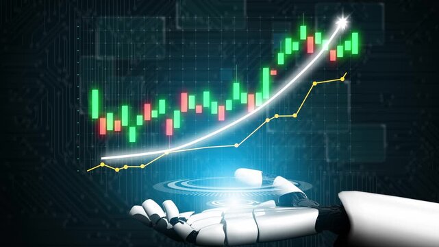 A robotic hand interacts with stock market graphs, showing an upward trend along with vibrant colors, symbolizing technological advancements in finance and trading insights. Copula