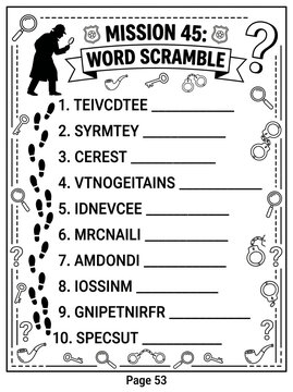 Educational word scramble worksheet for children featuring detective-themed clues and magnifying glass icons on black and white lined paper with playful mystery atmosphere