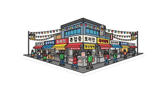Cartoon Korean street market with stalls and people walking, festive lights overhead