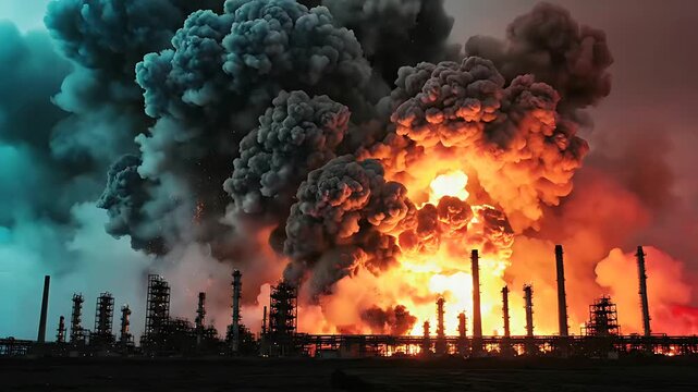 Massive fire and explosion at an industrial oil refinery with thick smoke. Petrochemical plant engulfing in flames during a catastrophic industrial accident. Emergency disaster concept for news use.