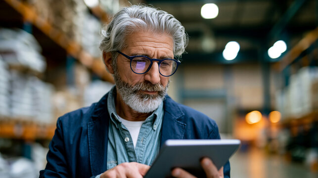 Senior male warehouse manager using a digital tablet to scroll through product procurement, cargo, and inventory search records, standing in a large factory warehouse with stacked goods
