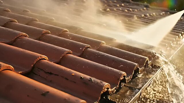 High pressure water cleaning clay roof tiles on a residential building. Power washing rooftop to remove dirt and moss. Home maintenance service concept for professional cleaning and roofing ads.