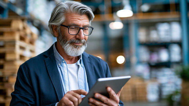 Senior male warehouse manager using a digital tablet to scroll through product procurement, cargo, and inventory search records, standing in a large factory warehouse with stacked goods