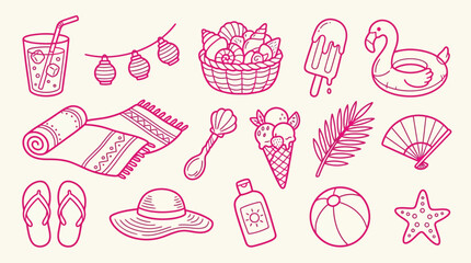 Collection of hand-drawn summer vacation icons and symbols, perfect for beach and travel themes. © Clara