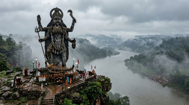 Statue of Goddess Kali Overlooking a River Valley in India