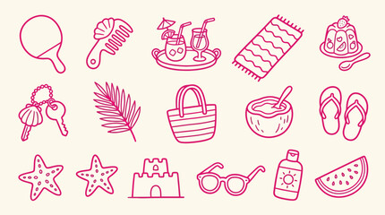 Collection of hand-drawn summer vacation icons and symbols, perfect for travel and leisure themes. © Clara