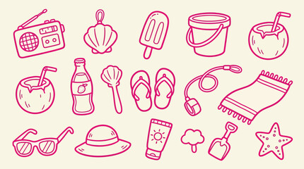 Collection of summer beach vacation icons and symbols in a doodle style, perfect for travel and leisure themes. © Clara