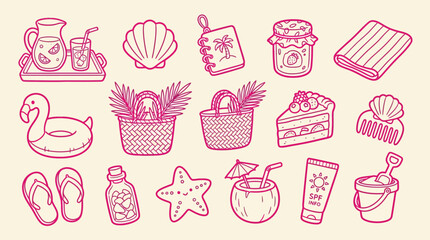 Collection of cute hand-drawn summer vacation icons and symbols, perfect for beach and travel themes. © Clara