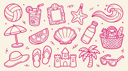 Collection of hand-drawn summer vacation icons and symbols, perfect for beach themes. © Clara