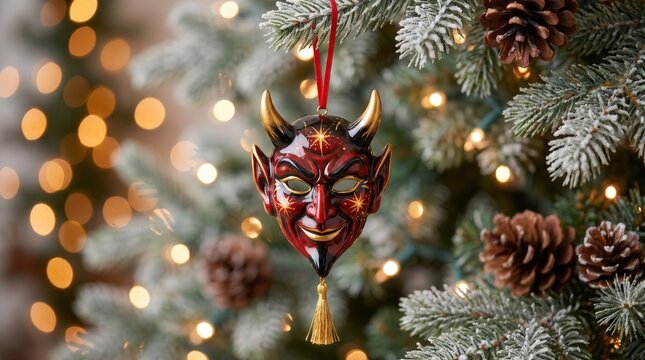 Distinctive red and gold devil mask ornament on a snow-flocked Christmas tree. Represents unique Catalan festive traditions in Spain.