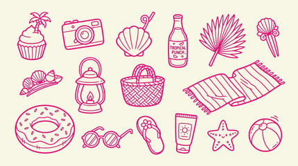 Collection of hand-drawn summer vacation icons and elements, perfect for beach or travel themes. © Clara