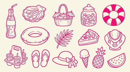 Collection of summer vacation icons and symbols, perfect for beach and holiday themes. © Clara