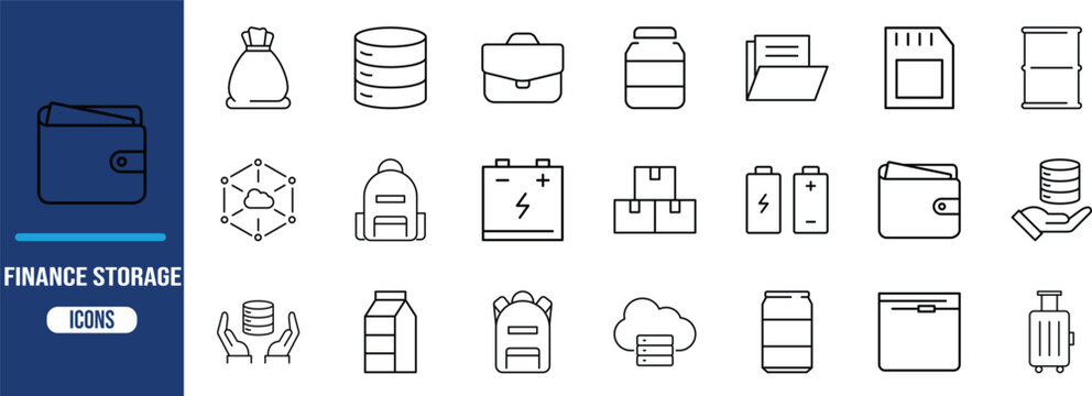 Business data finance storage icons. database icon set, wallet icon set, battery icon set
