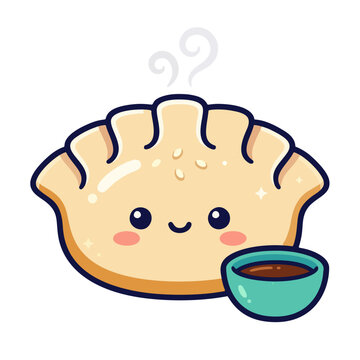 Cute gyoza character illustration with soy sauce dipping bowl kawaii dumpling mascot vector