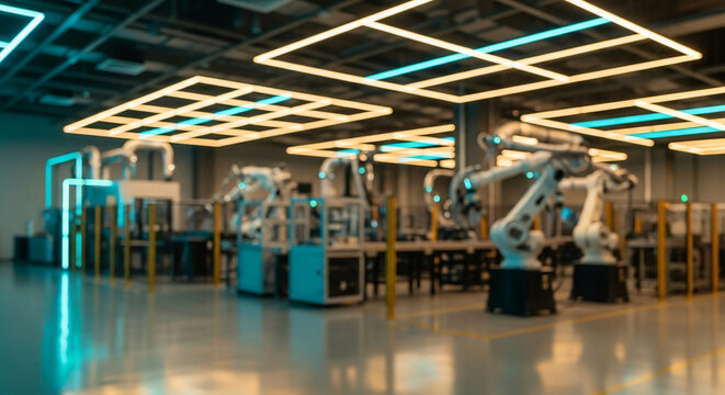Abstract blurred background of a modern industrial factory with robotic arms and geometric neon lighting for smart manufacturing and tech concepts.