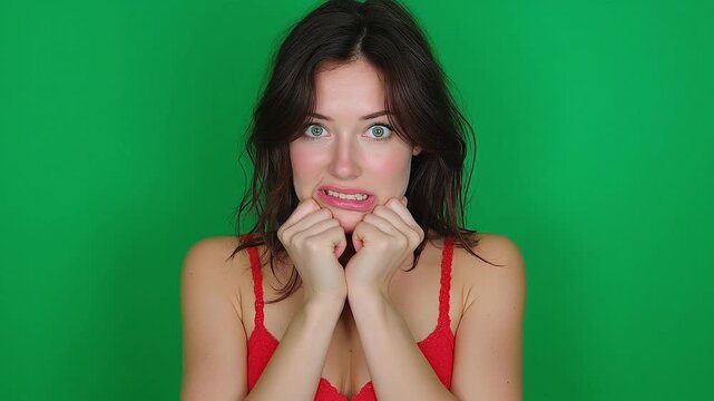 Female biting her lip in nervous anticipation before a big event.