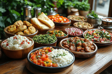 Fototapeta premium Bowls of food and rice on table.
