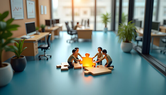 Teamwork And Strategic Solution Business Concept With Miniature Workers And Glowing Puzzle