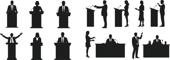 Obraz premium Business Speaker and Presentation Silhouette Collection with Podium Conference Meeting and Public Speaking Vector Set