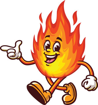 Cartoon mascot of a flame walking