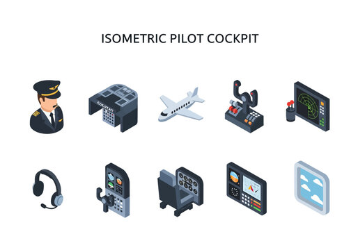 Isometric pilot cockpit and aviation equipment icons for flight simulation and control systems